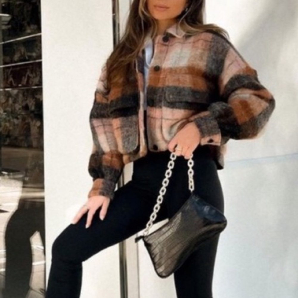 Zara Plaid Jacket in Pink, Black, and Brown